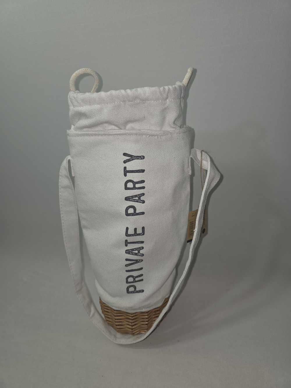 PRIVATE PARTY White Canvas and Wicker Drawstring Crossbody Bottle Bag - Picture 6 of 11
